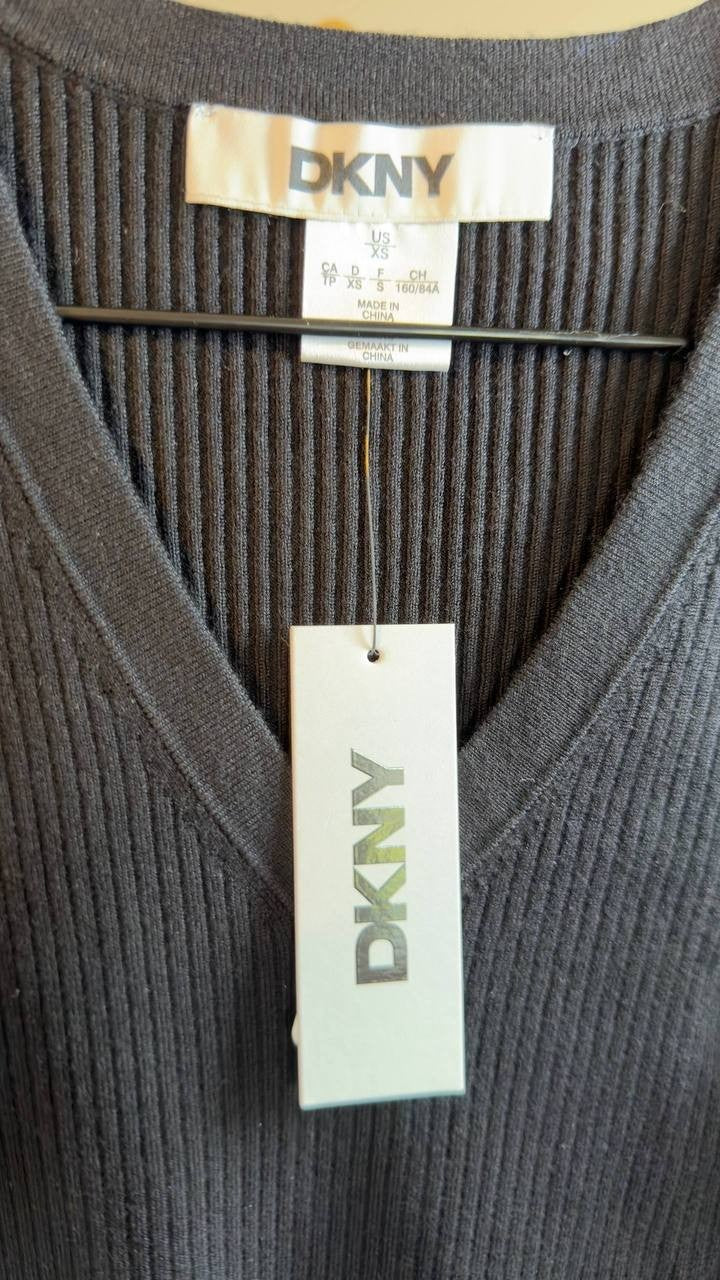 DKNY Rib Puff Shoulder Sweater Black Urban Tiger XS NWT $89