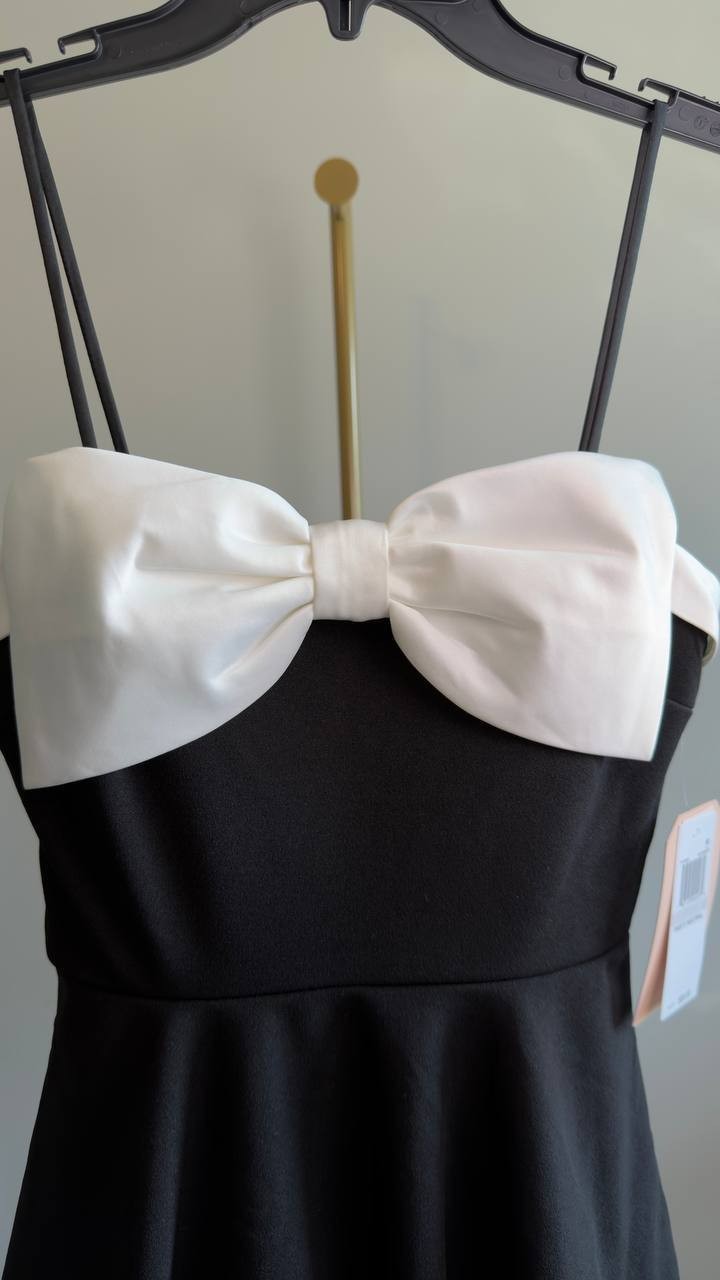 City Studios Bow‑Trim Fit & Flare Dress Black White 0 NWT $69