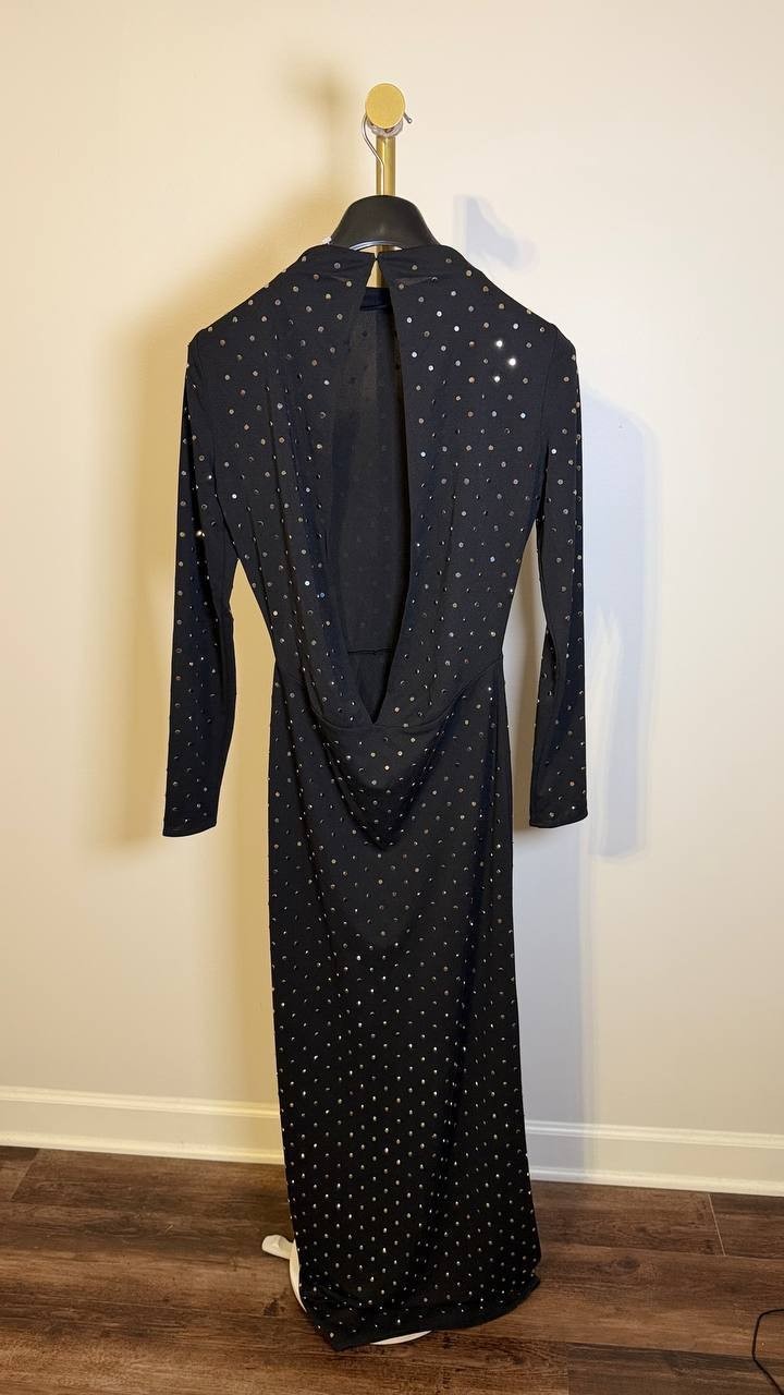 Mango Crystal Open-Back High-Collar Maxi Dress Black 6 NWOT $430