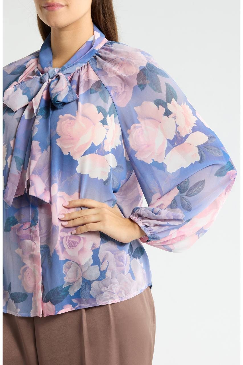 Tahari ASL Printed Ruffle Top Blue Petal Floral 1X NWT $109