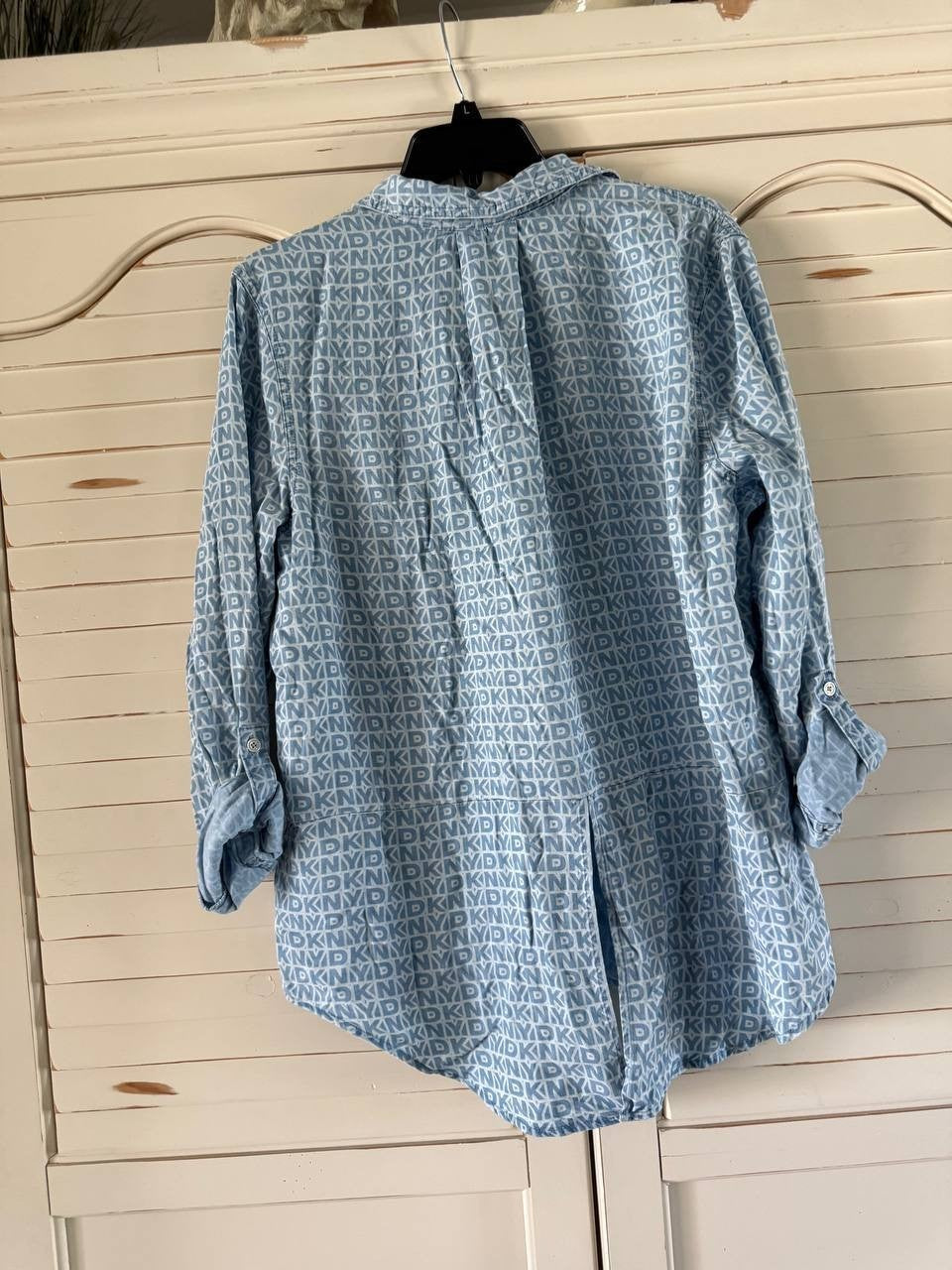 DKNY Jeans Roll-Tab Button-Front Chambray Blue XL Women Shirt Relaxed Fit