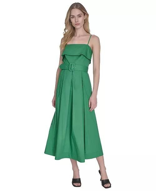 Vince Camuto Cotton Belted Foldover‑Neck Midi Dress Green 12 $168 NWT