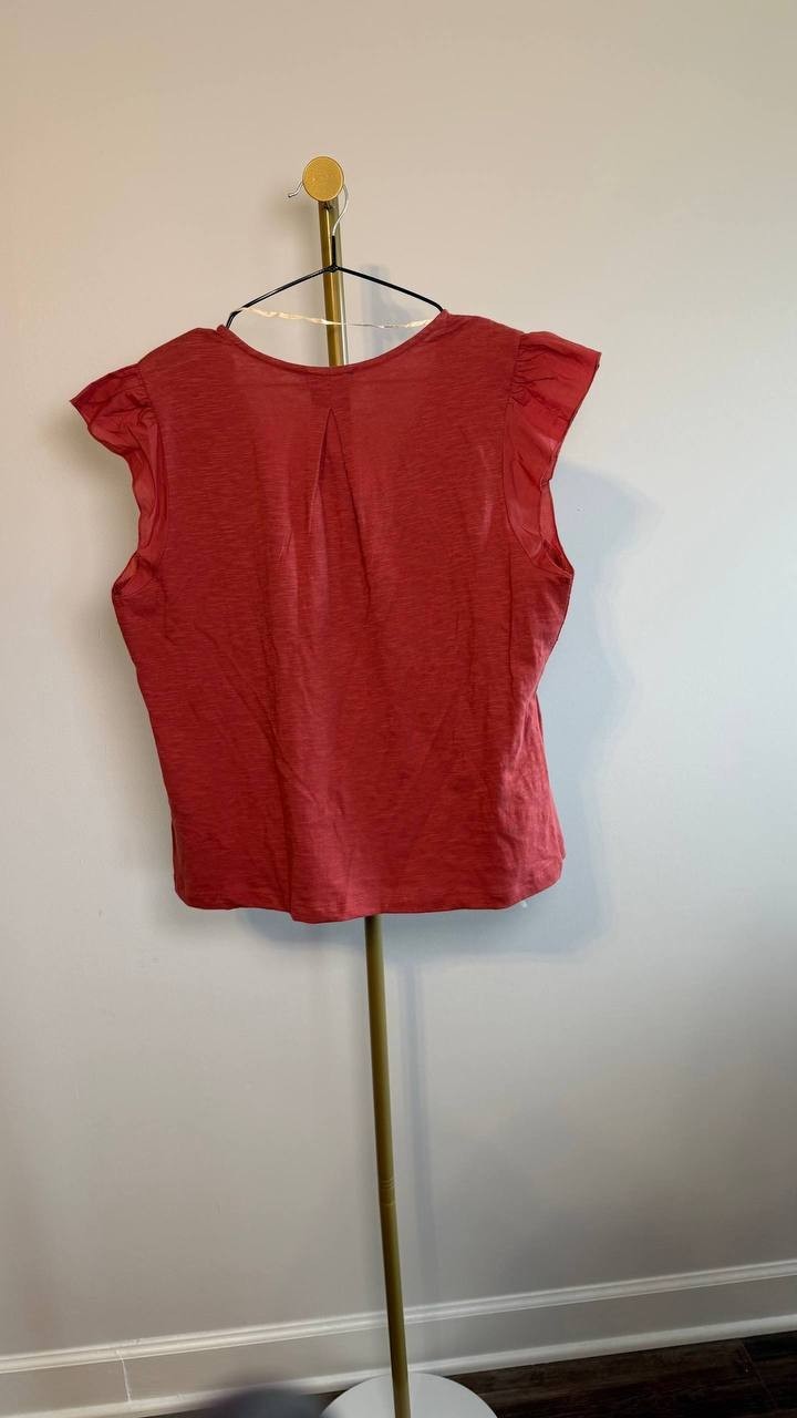 Democracy Petite Embroidered Cotton Flutter‑Sleeve Top Passion Fruit PL NWT $68