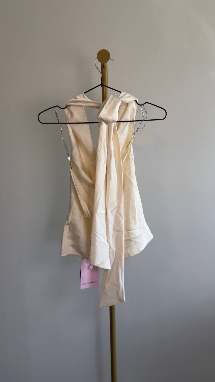 Avec Les Filles Women’s Long‑Tie Halter Top Ivory S NWT $88