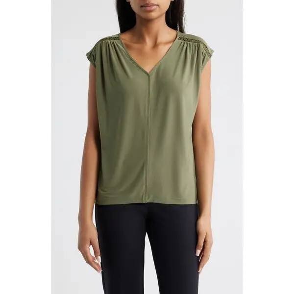 Anne Klein Lace Inset V‑Neck Top M Olive NWT $59