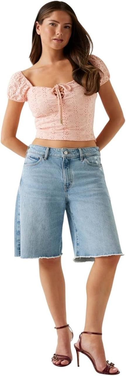 Guess Eco Embroidered Sheer Lace‑Up V‑Neck Blouse Peach Cream Multi S NWT $69