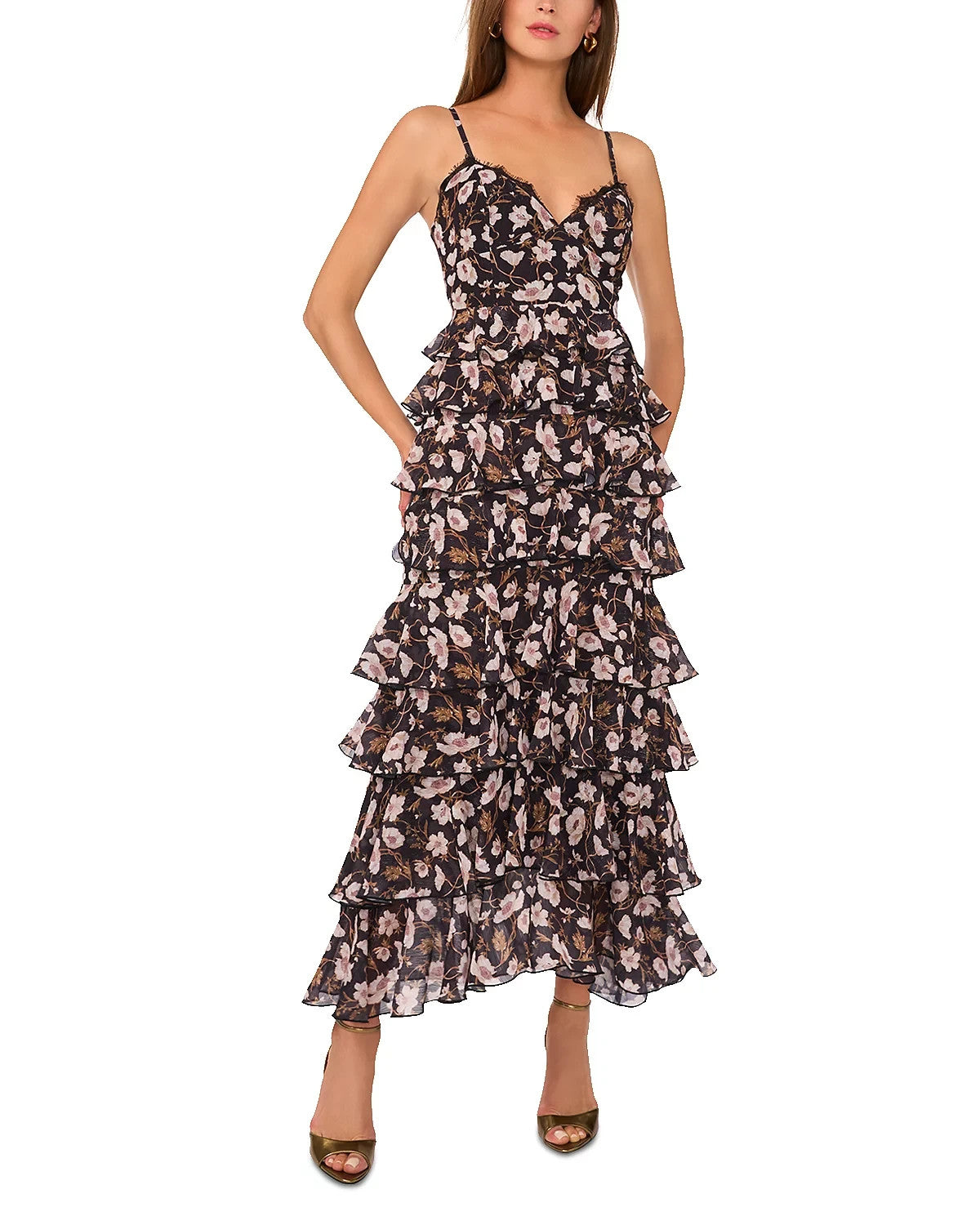 1.STATE Printed V-Neck Tiered Maxi Dress – Black Floral, Size M