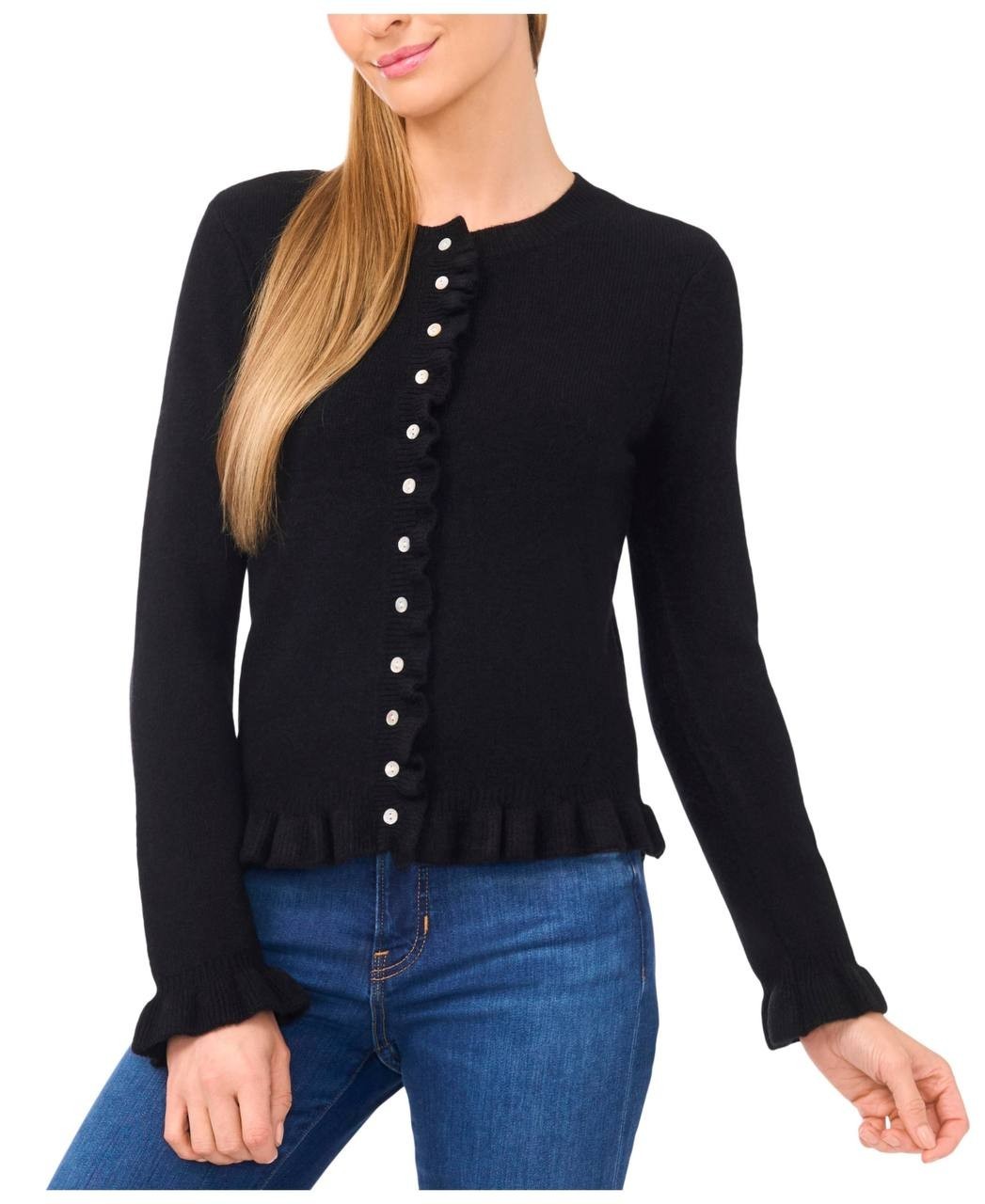 CeCe Ruffle‑Edge Long‑Sleeve Cardigan – Black – Size M – NWT – $89