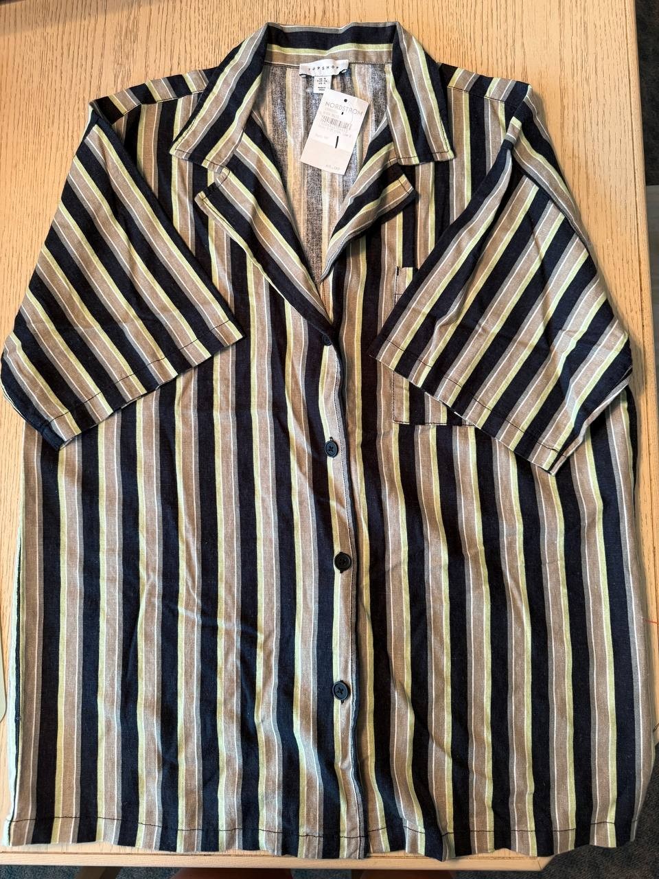 TOPSHOP Striped Linen-Blend Short Sleeve Button-Up Shirt, Women, Size US 10