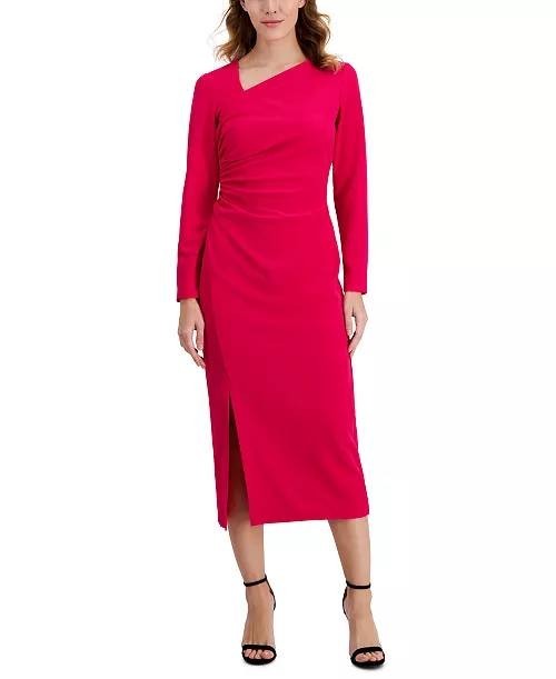 Anne Klein Ruched Midi Dress – Size XL – NWT – Rich Red Asymmetrical NeckLongSle