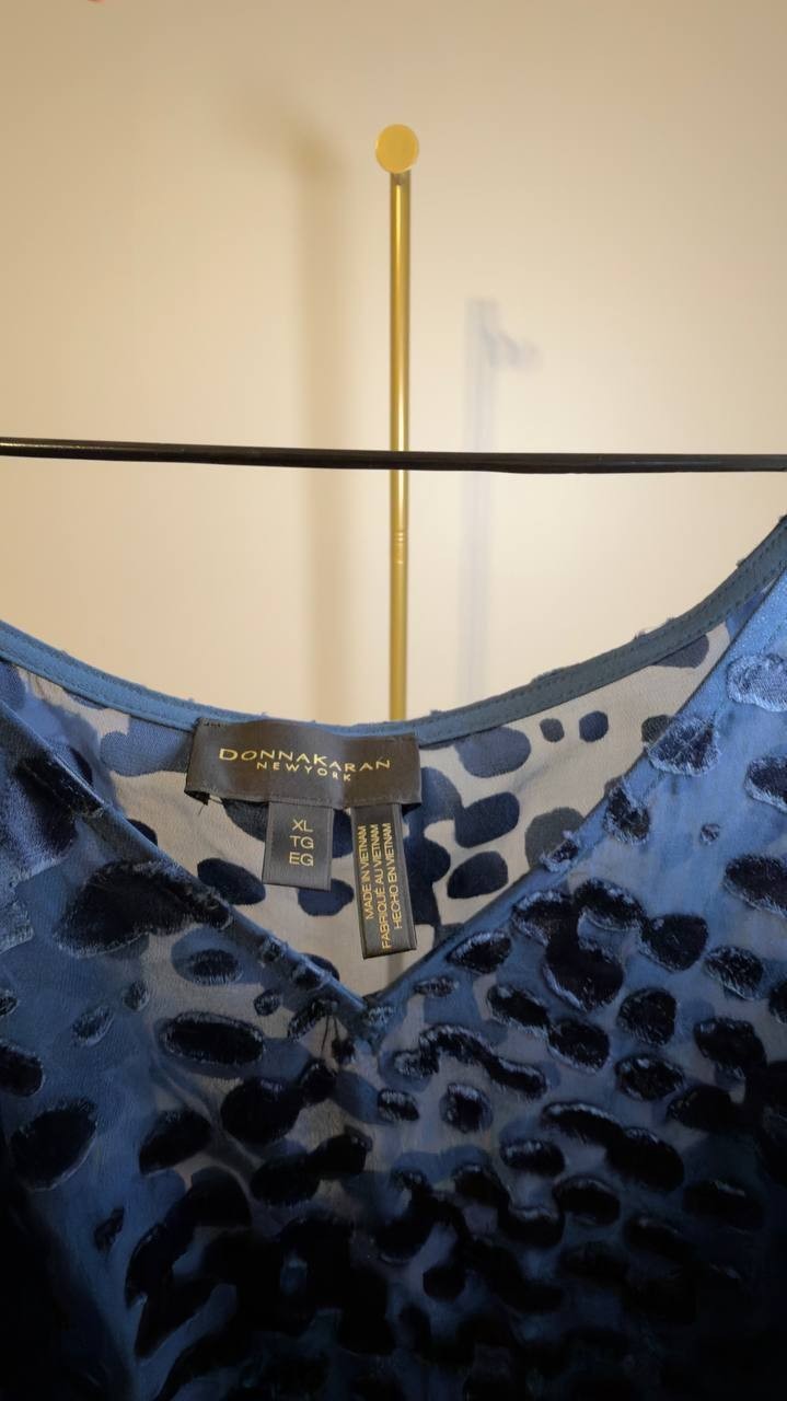 Donna Karan New York Cap‑Sleeve Silk‑Blend Burnout Blouse Blue XL NWT $129