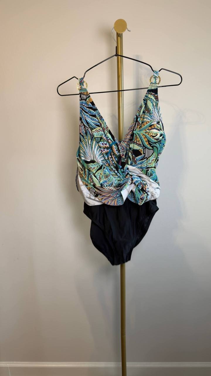 Beyond Control V‑Neck One‑Piece Swim Dress Black Multi 8 NWT $144