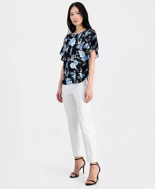 Anne Klein Boat‑Neck Flutter‑Sleeve Blouse Black Multi XL NWT $69