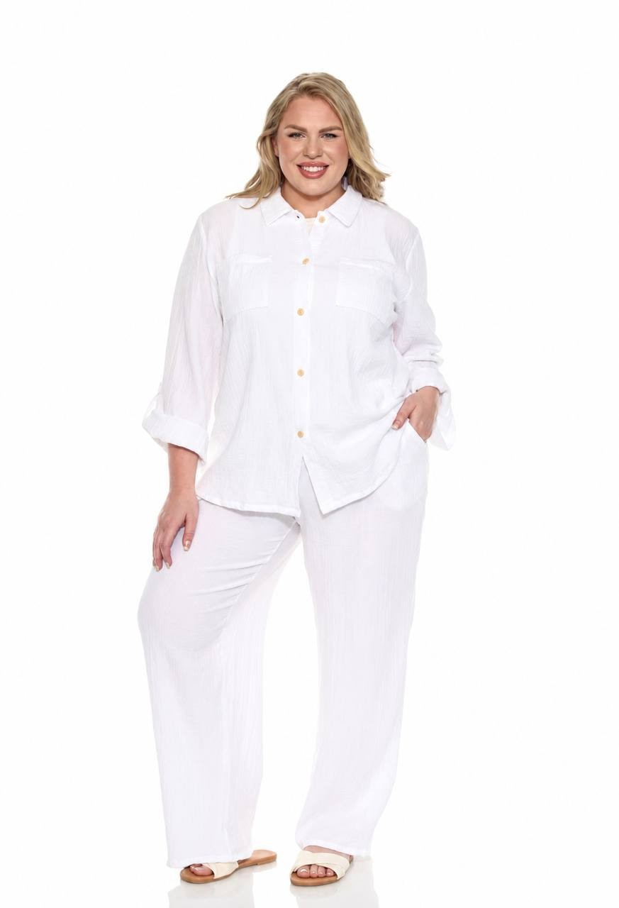 White Mark Plus Size Long Sleeve Button Down Cotton Gauze Shirt White 3X NWT $92