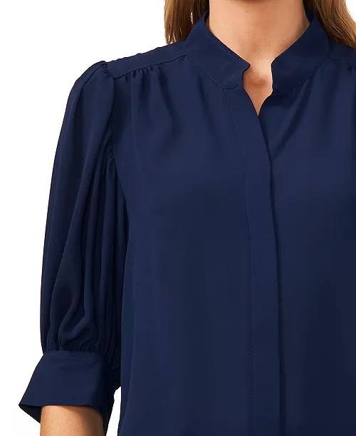CeCe 3/4‑Sleeve Collared Split‑Neck Button‑Down Top Classic Navy M NWT $69