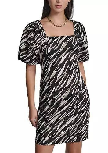 DKNY Puff Sleeve Animal Print Mini Dress Concrete Animal XL NWT $149