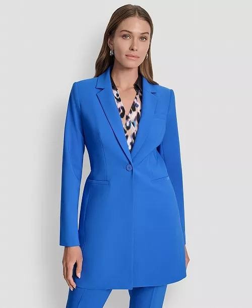 DKNY Notch‑Collar One‑Button Long Jacket Blue 4 NWT $169
