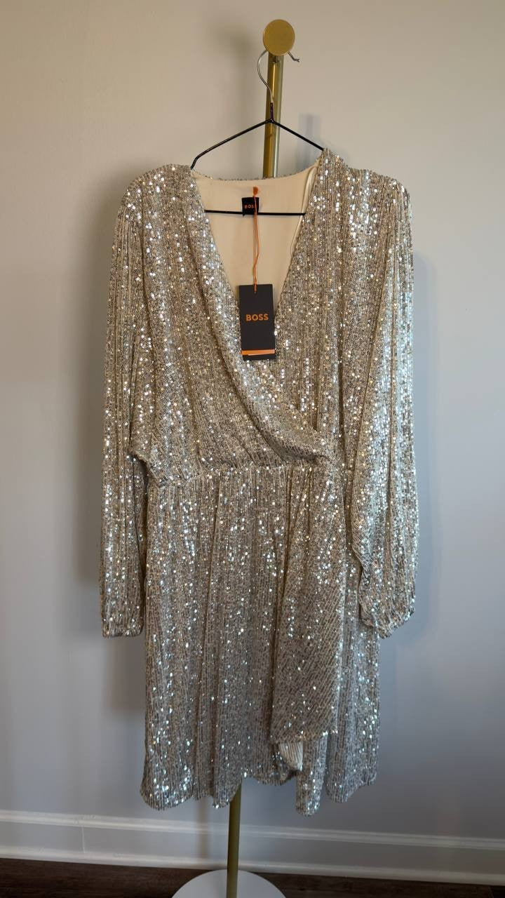 BOSS Orange Sequin Blouson-Sleeve Dress Open Beige 14 NWT $179