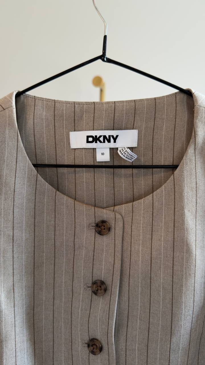 DKNY Striped Crewneck Button‑Front Vest Tan 10 NWOT $129
