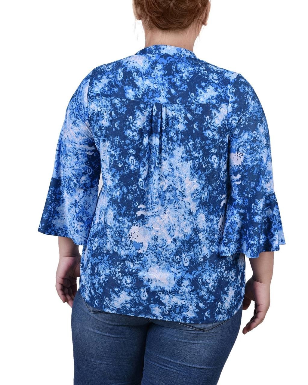 NY Collection Plus 3/4 Bell Sleeve Pleat Y‑Neck Top Blue Flower 1X NWT $35.99