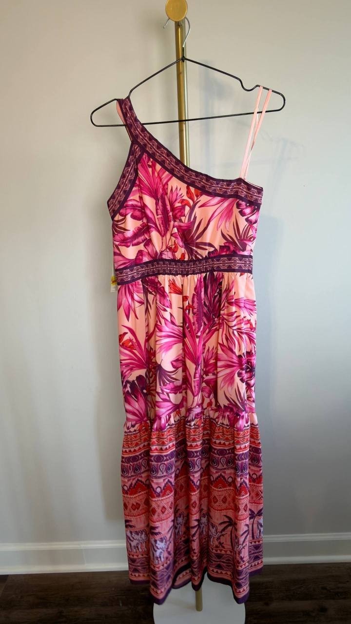 Eliza J Mixed‑Print One‑Shoulder Tiered Midi Dress Floral Multi 2 NWT $158