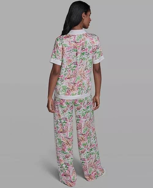 Karl Lagerfeld Collared Printed Button Top Soft White/Pink Carnation L NWT $99