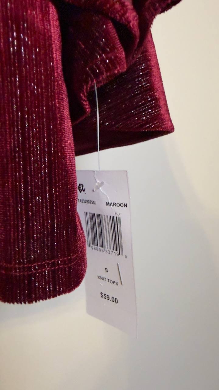 Sam & Jess Women’s Velvet Crewneck Bell 3/4‑Sleeve Blouse Maroon S NWT $59