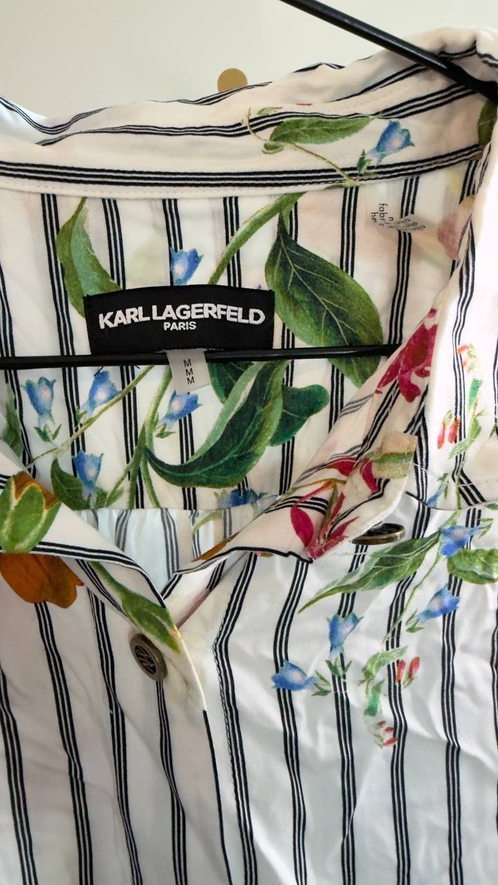 Karl Lagerfeld Paris Floral & Stripe Button‑Up Shirt Soft White Multi M NWT $99