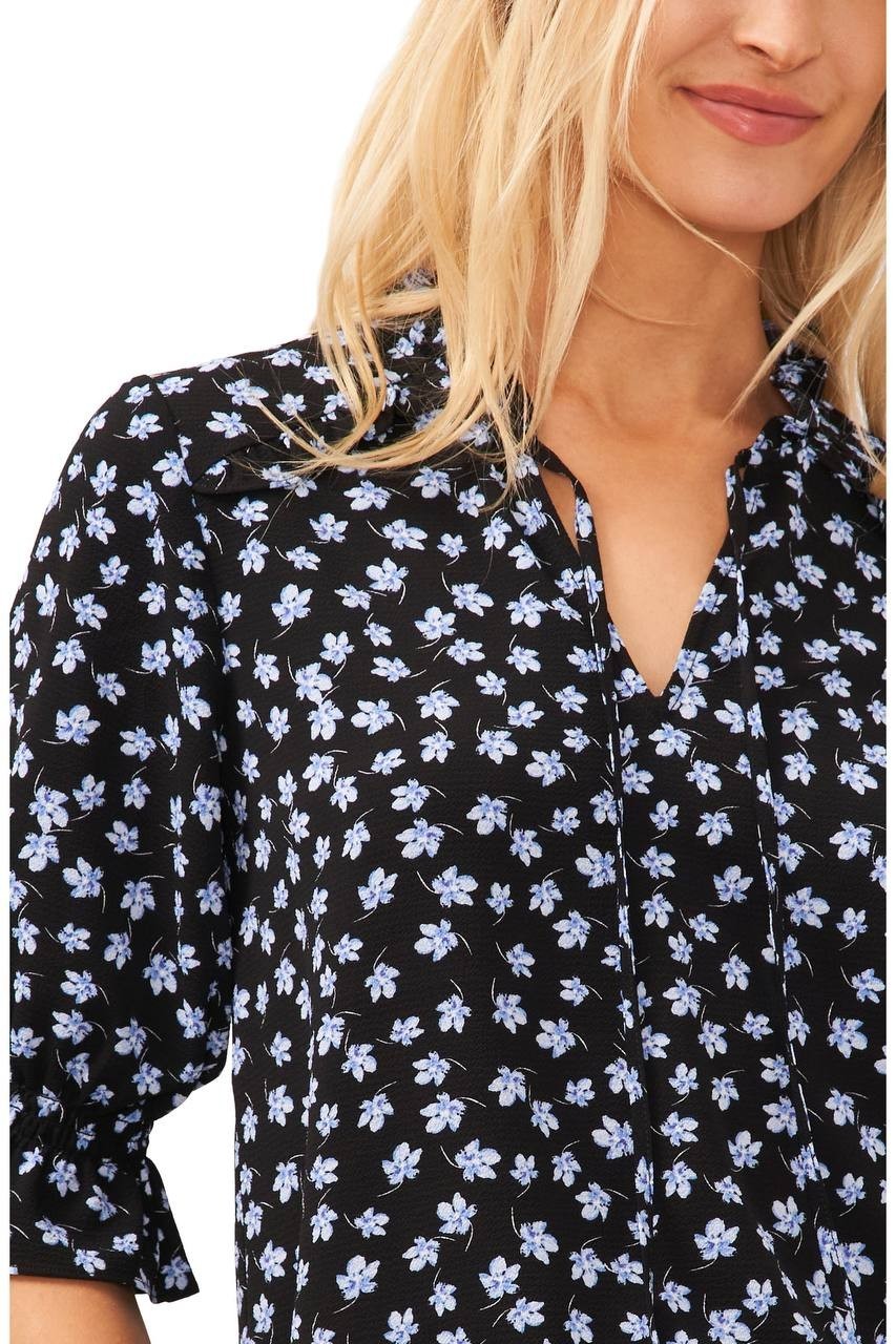 CeCe Floral Split‑Neck Elbow‑Sleeve Blouse Reach Black L NWT $79