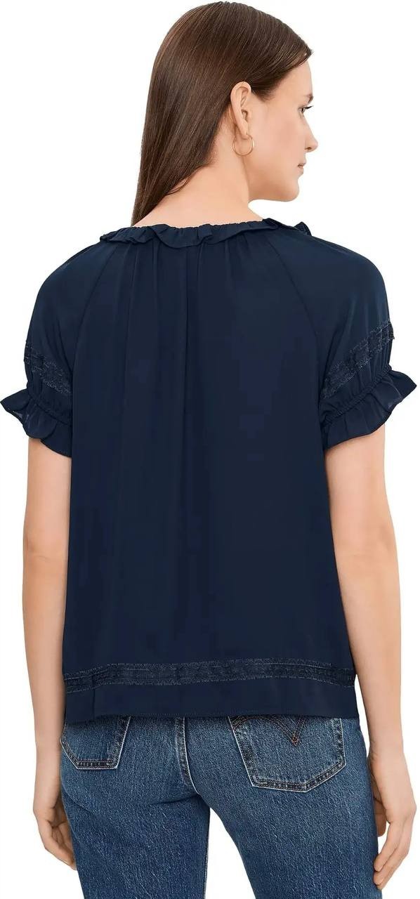 CeCe Wide Ruffle Neck Button Front Top Classic Navy L NWT $79