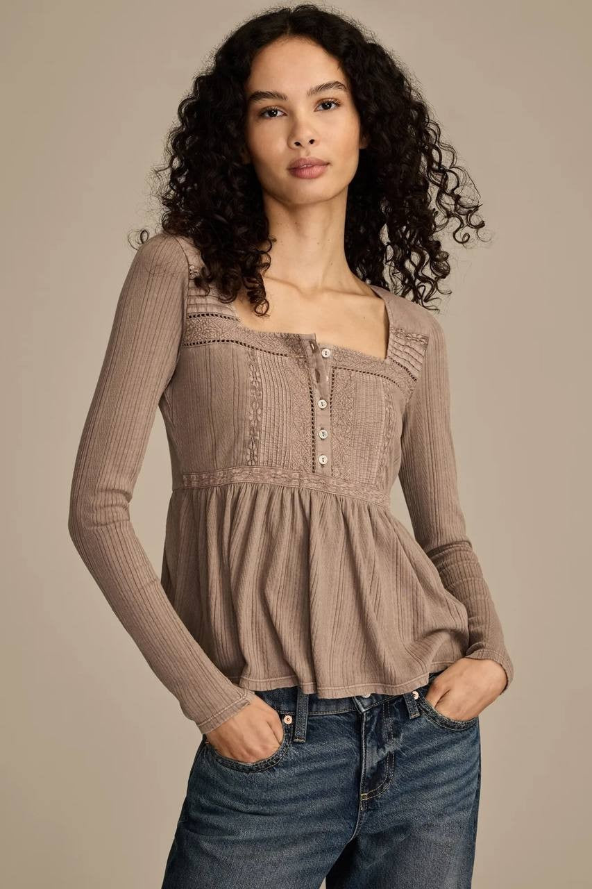 Lucky Brand Embroidered Peplum Longsleeve Deep Taupe L NWT $79.50