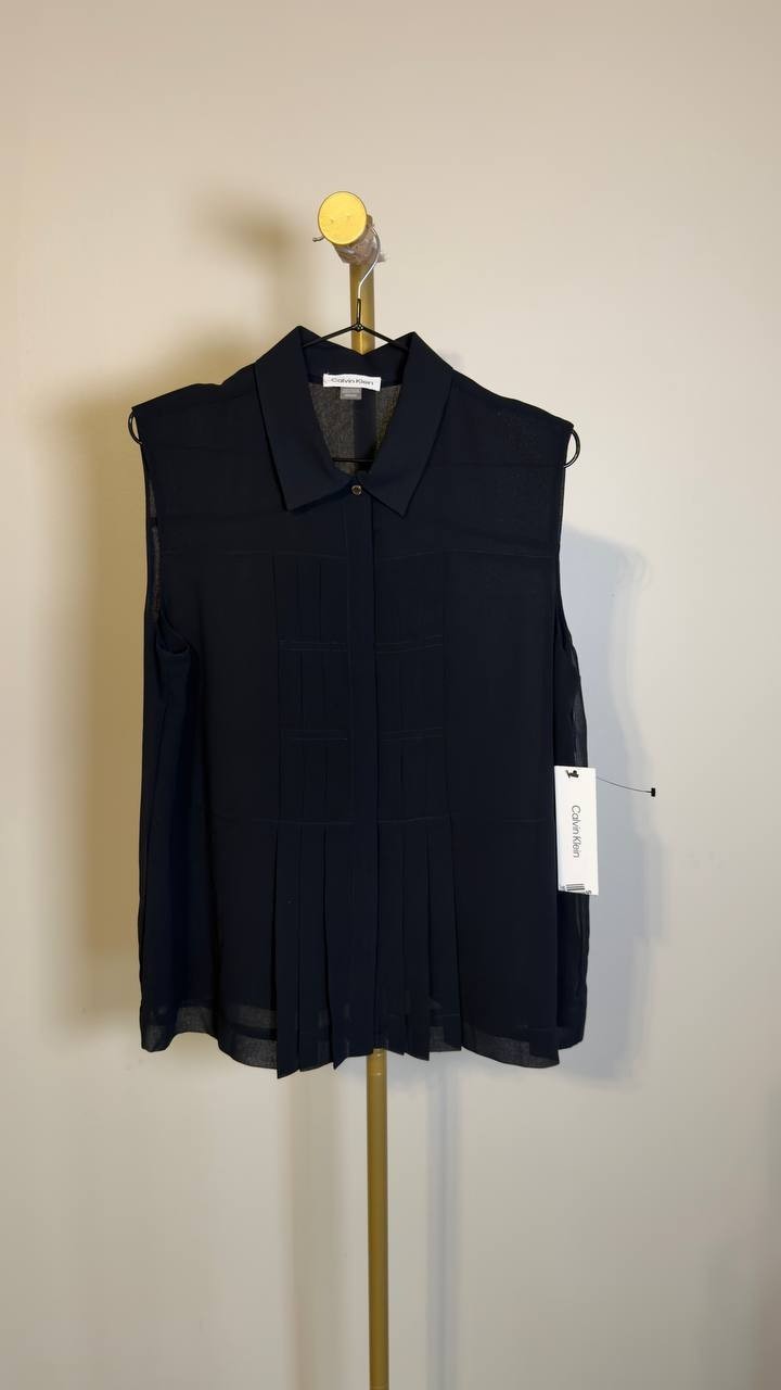 Calvin Klein Women’s Sleeveless Pleated Front Collared Blouse Navy M NWT $89