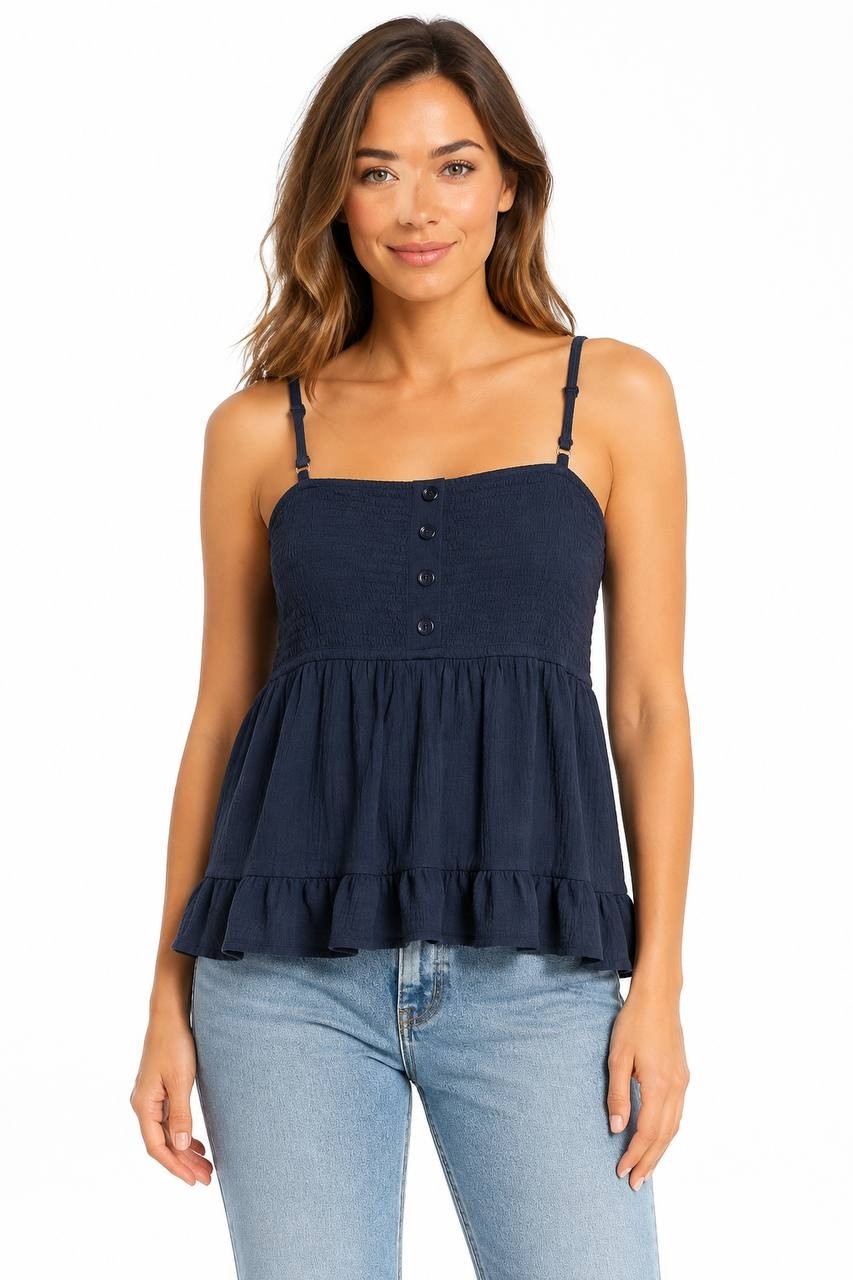 Madden Girl Smocked Ruffle Hem Sleeveless Top Navy L NWT $59