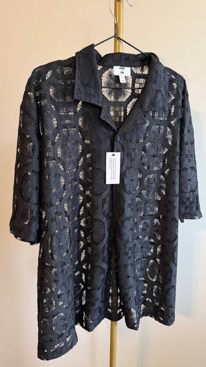 Mode of One Men’s Relaxed‑Fit Textured Geometric Lace Camp Shirt L $49.50 NWT
