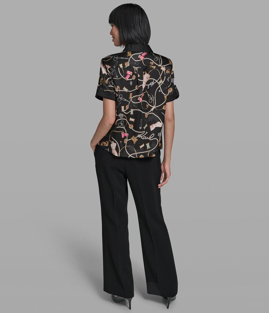 Karl Lagerfeld Paris Satin Print Camp Shirt Black L NWT $99