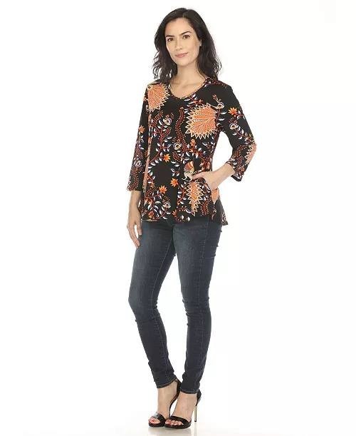 White Mark Vibrant Boho Swing Top V‑Neck Paisley Black L NWT $54