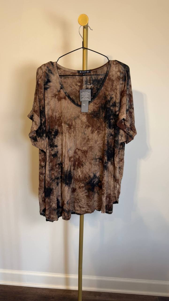 Coin 1804 Plus Size Tie‑Dye V‑Neck Rolled Sleeve Top Mocha Black 3X NWT $30