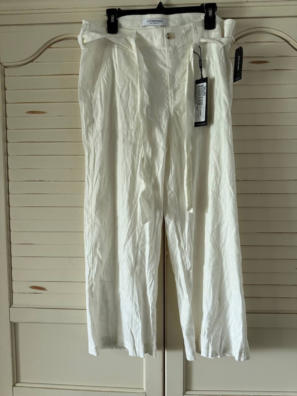Liverpool Linen Blend Belted Wide-Leg Cropped Pants White, Size 14, NWT