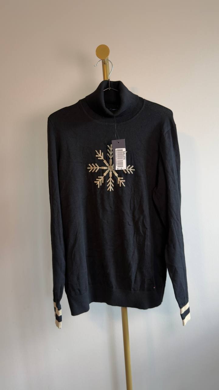 Tommy Hilfiger Cotton Snowflake Turtleneck Sweater L Black NWOT $79.50