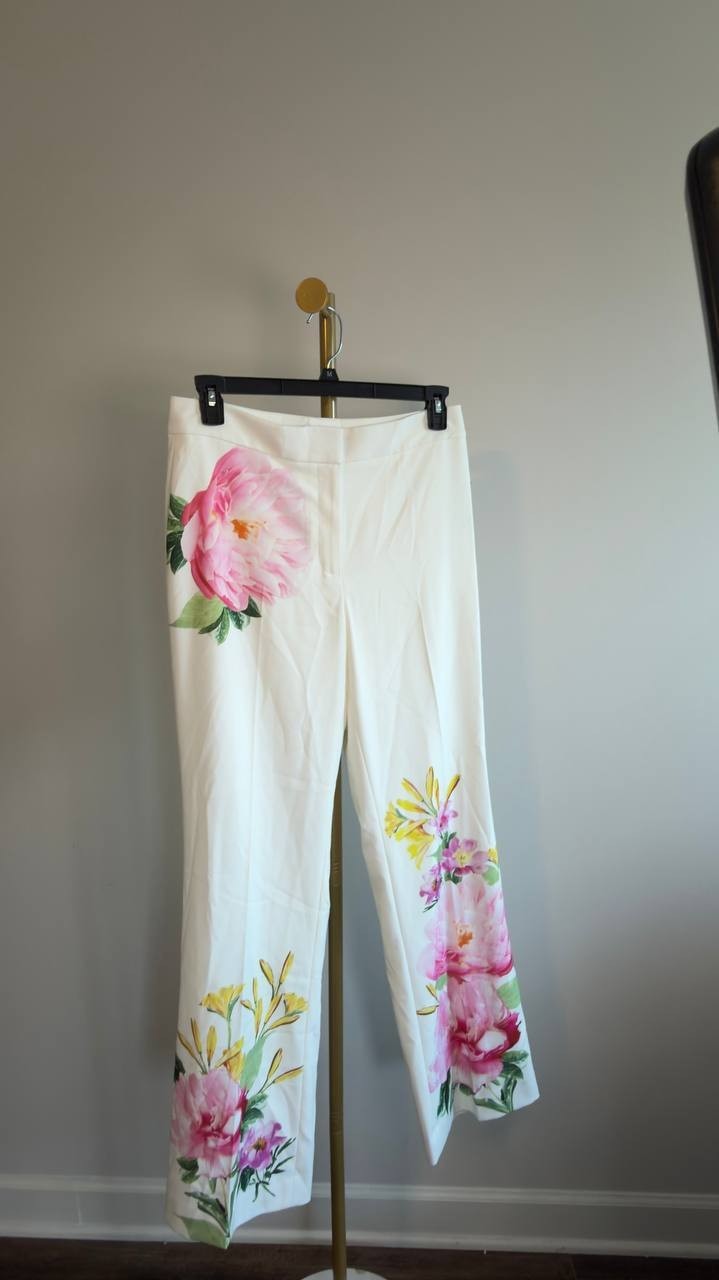 Karl Lagerfeld Mid-Rise Floral Straight-Leg Pant Soft White Multi 8 NWT $139