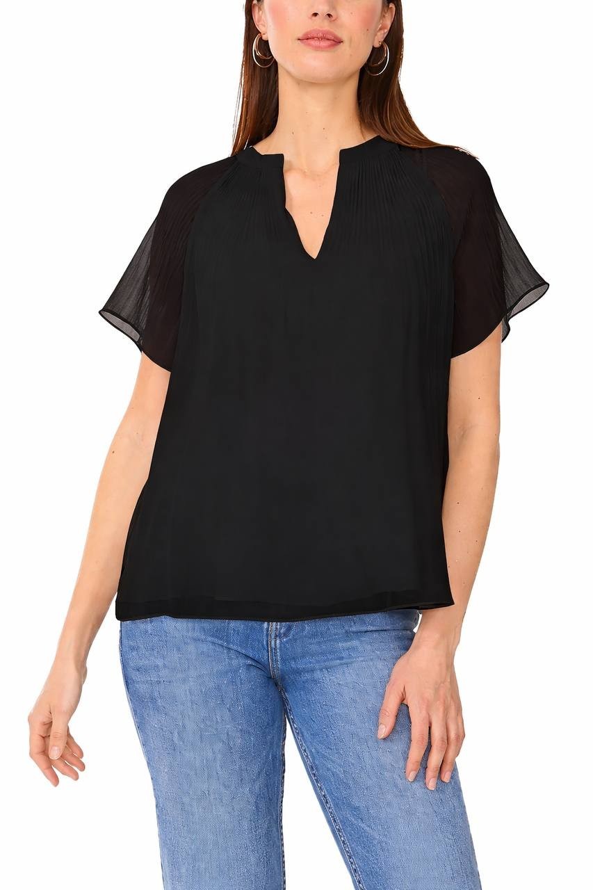 SAM & JESS Women’s Pleated Short-Sleeve Blouse Black M $59 NWT