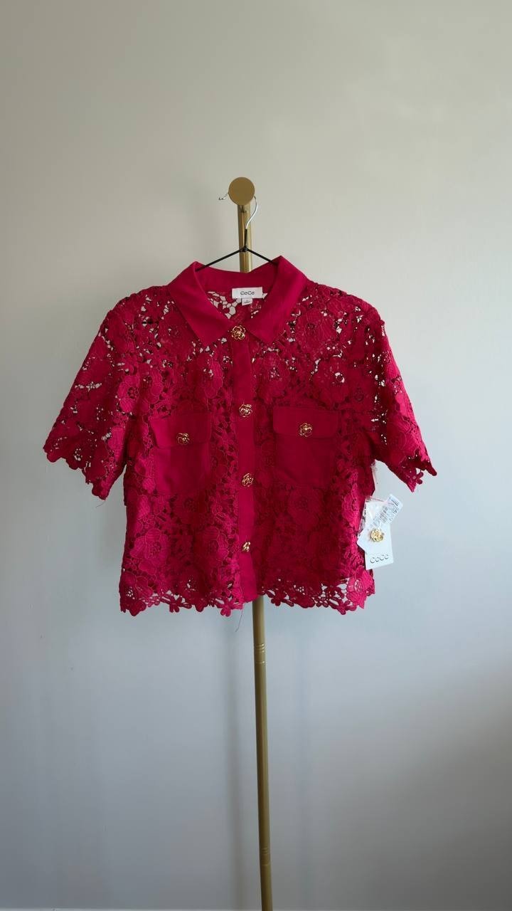 CeCe Lace Short‑Sleeve Button‑Up Top Red M NWT $99