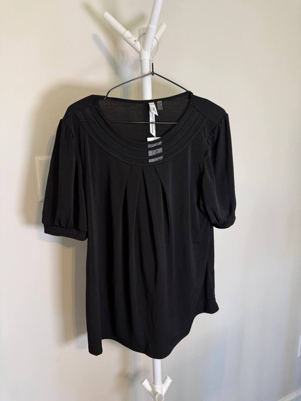 NY Collection Petite Short Puff‑Sleeve Mesh Inset Top – Black – Size PXL – NWT