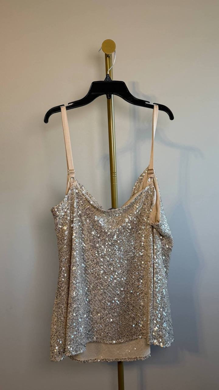 Tahari ASL Sequin Cowl Neck Camisole Nude Silver 2X NWT $79