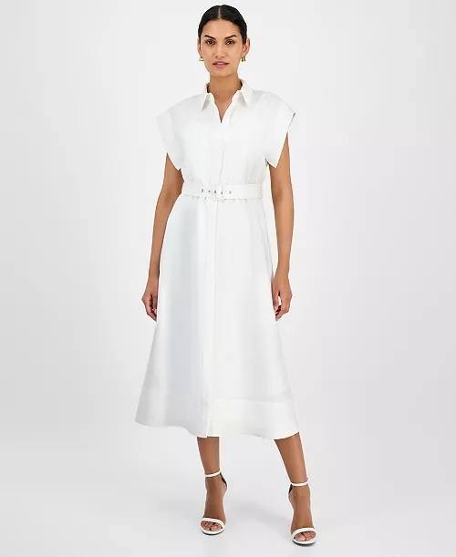 Anne Klein Women’s White Belted Drop-Sleeve Shirtdress Size 8 NWT $169