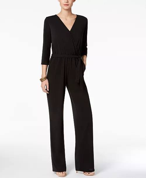 NY Collection Petite 3/4 Sleeve Belted Wide Leg Jumpsuit Navy PXL $66 NWT