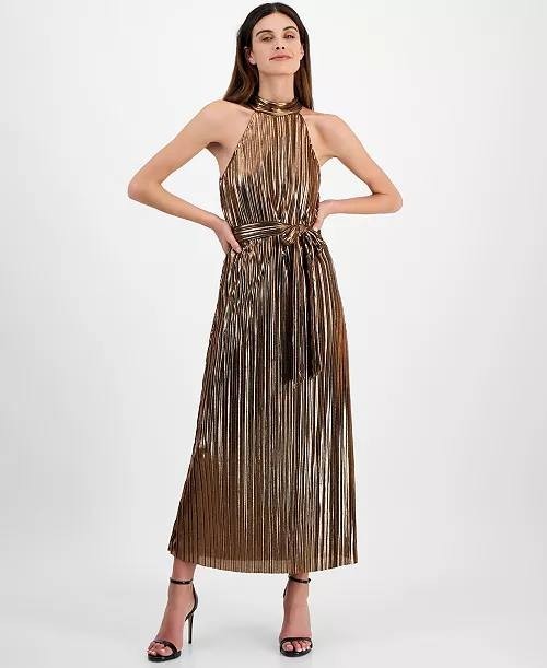 Anne Klein Metallic Mock‑Neck Halter Dress Bronze XL NWT $159