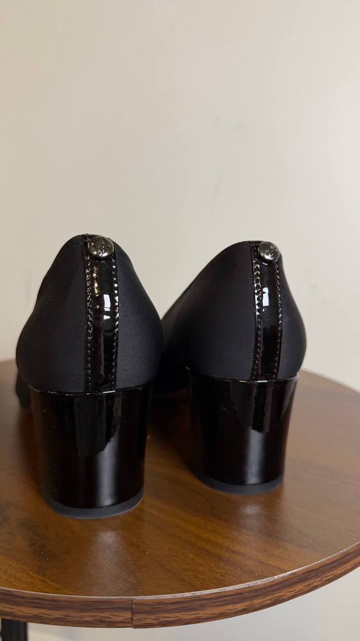 Donald Pliner Black Textile Block Heel Pumps 7.5M NIB MSRP $198