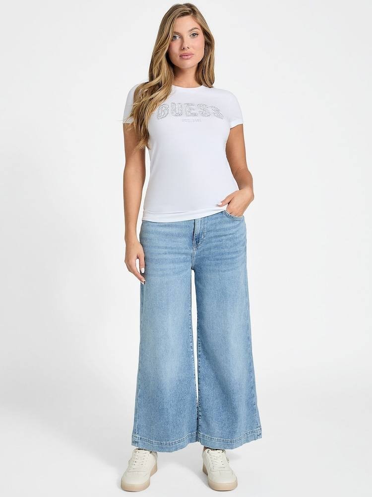 Guess Logo Lace T-Shirt White M Diamante Rhinestone Logo Tee New Tags NWT