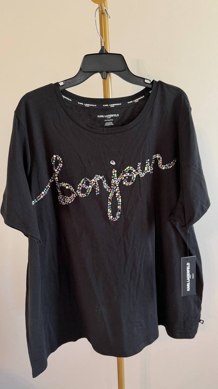 Karl Lagerfeld Paris Plus Size Embellished Bonjour Tee Black 2X $69 NWT
